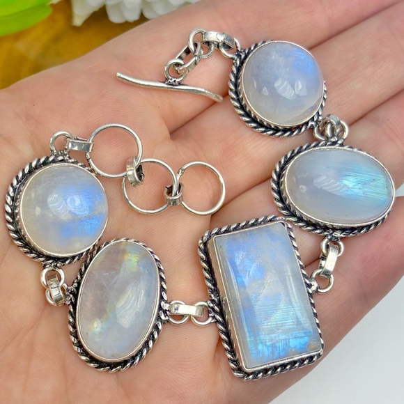 Southwest Jewelry - Rainbow Moonstone Extra Chunky Gemstone Bracelet New Sterling Silver 925 Overlay